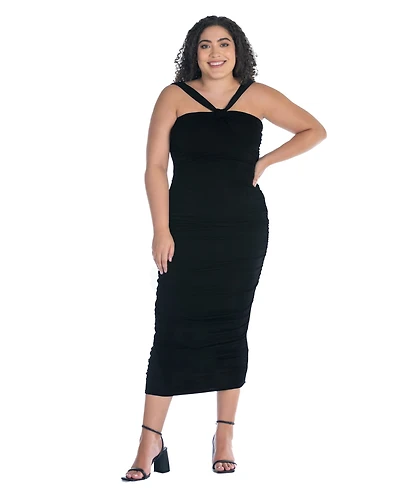 24seven Comfort Apparel Plus Halter Cross Neck Ruched Bodycon Mid Dress
