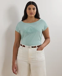 Lauren Ralph Lauren Plus Size Beaded-Logo Cotton Jersey Tee