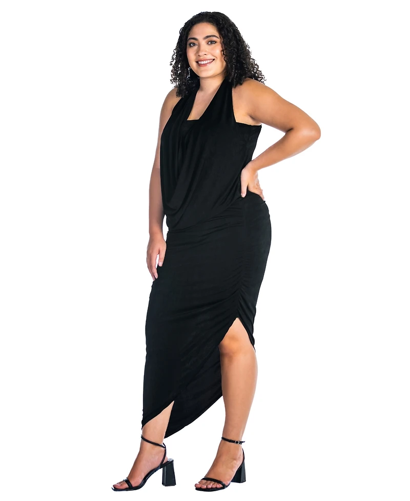 24seven Comfort Apparel Plus Cowl Neck Long Asymmetrical Backless Halter Dress
