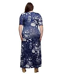 24seven Comfort Apparel Plus Print Elbow Sleeve Casual A-Line Maxi Dress
