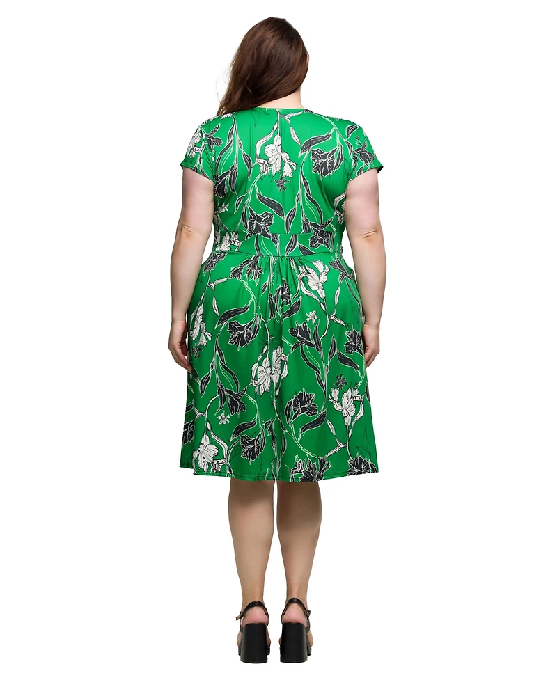 24seven Comfort Apparel Plus Cap Sleeve V-Neck Knee Length Pocket Dress
