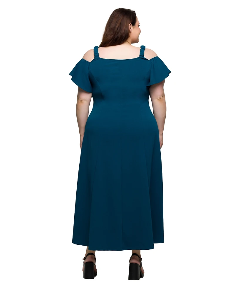24seven Comfort Apparel Plus Cold Shoulder Ruffle Sleeve A-Line Maxi Dress