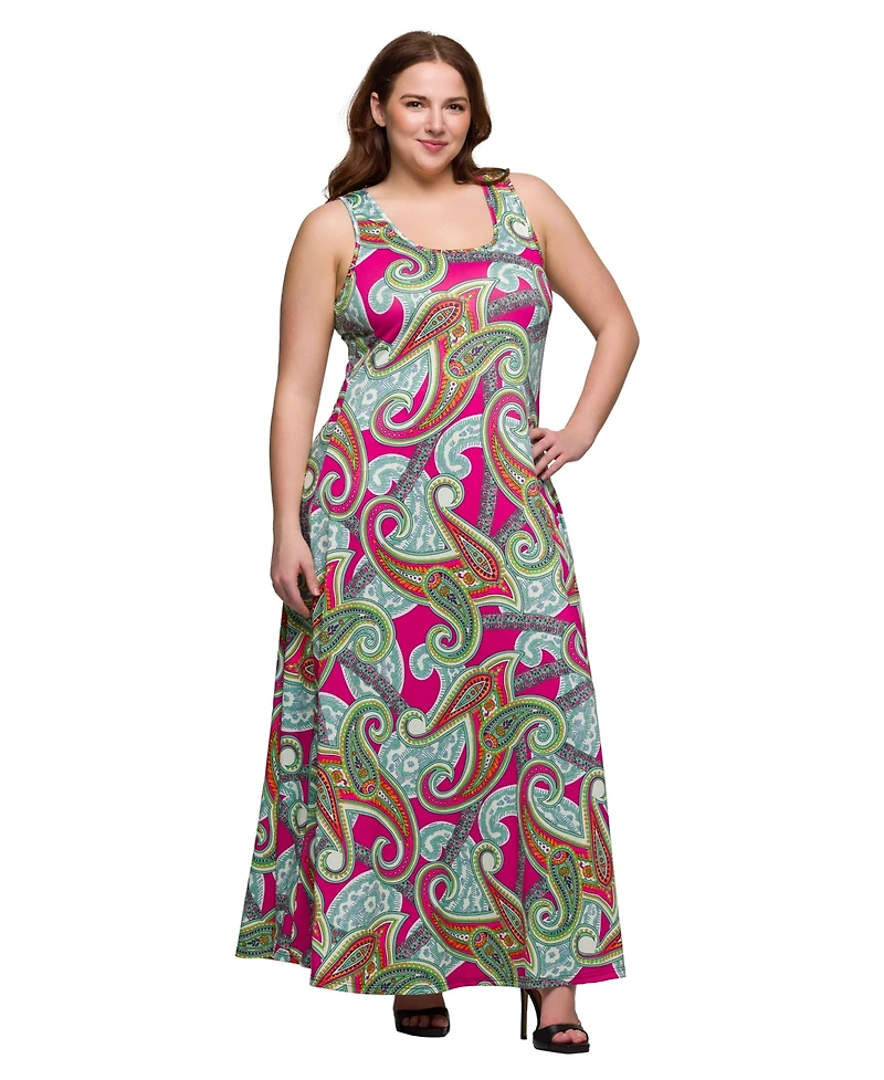 24seven Comfort Apparel Plus Print Scoop Neck A-Line Sleeveless Maxi Dress