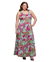 24seven Comfort Apparel Plus Print Scoop Neck A-Line Sleeveless Maxi Dress