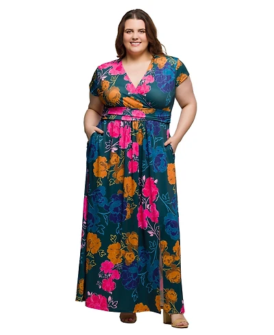 24seven Comfort Apparel Plus Cap Sleeve V-Neck Side Slit Pocket Maxi Dress
