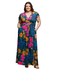 24seven Comfort Apparel Plus Cap Sleeve V-Neck Side Slit Pocket Maxi Dress