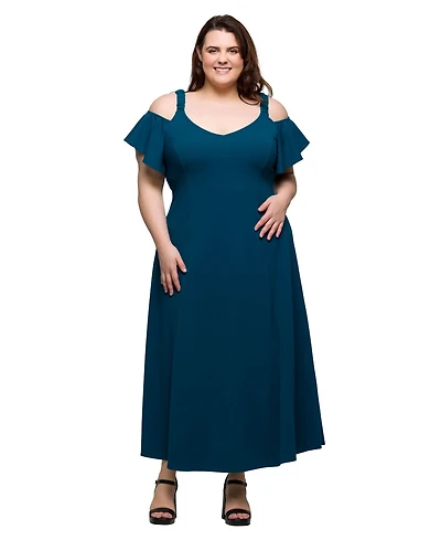 24seven Comfort Apparel Plus Cold Shoulder Ruffle Sleeve A-Line Maxi Dress