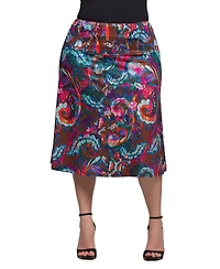 24seven Comfort Apparel Plus Print Comfortable Elastic Waist Knee Length Skirt