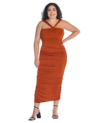 24seven Comfort Apparel Plus Halter Cross Neck Ruched Bodycon Mid Dress