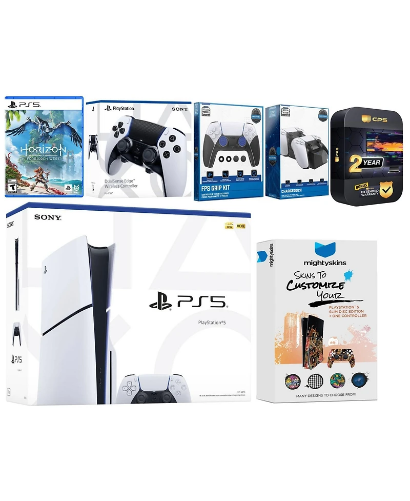 Sony Playstation 5 Slim Disc with Horizon Forbidden West, Extra Edge Controller, Fps Grip Kit, Charge Dock and MightySkins Decal Voucher + 2 Year Cps