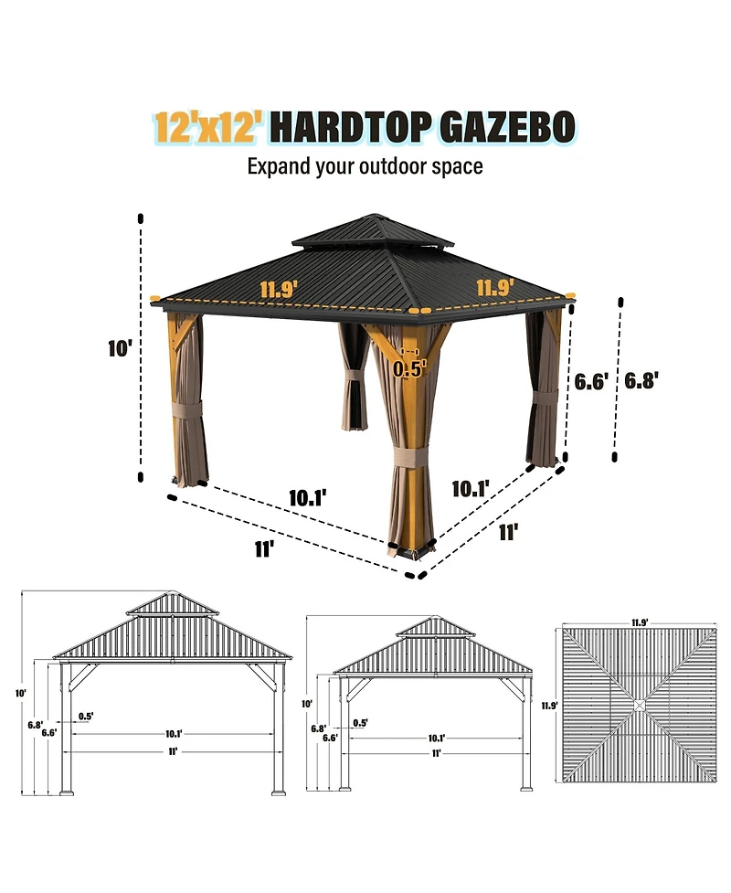 12x12 Ft Heavy-Duty Aluminum Hardtop Gazebo with Galvanized Steel Roof, Weather-Resistant Cedar Wood Outdoor Pavilion for Patio, Backyard