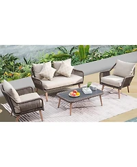 Patio Conversation Sets 4-Pieces, Handwoven Rattan Wicker Aluminum Frame Outdoor Patio Set, All-Weather Modern Rope Patio Loveseat with Coffee Table f