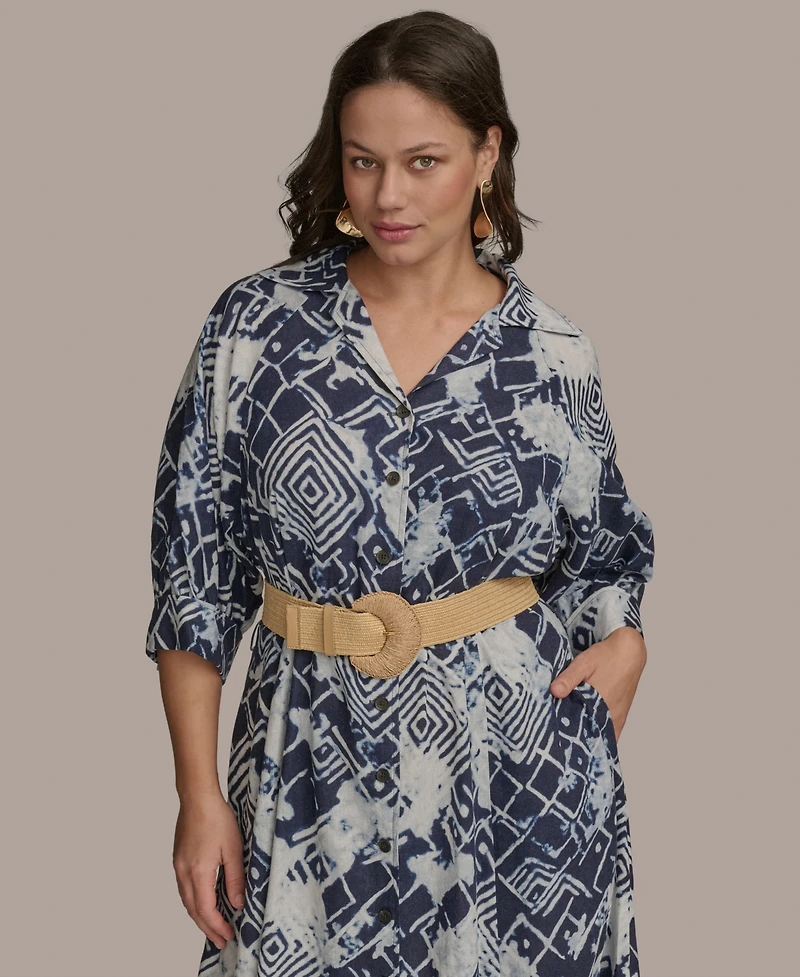 Donna Karan New York Plus Printed Belted 3/4-Sleeve Shirt Dress