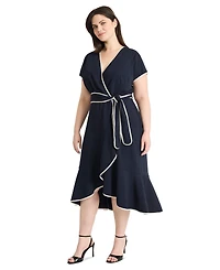 Maggy London Plus Size Contrast-Trim Tie-Waist Midi Dress
