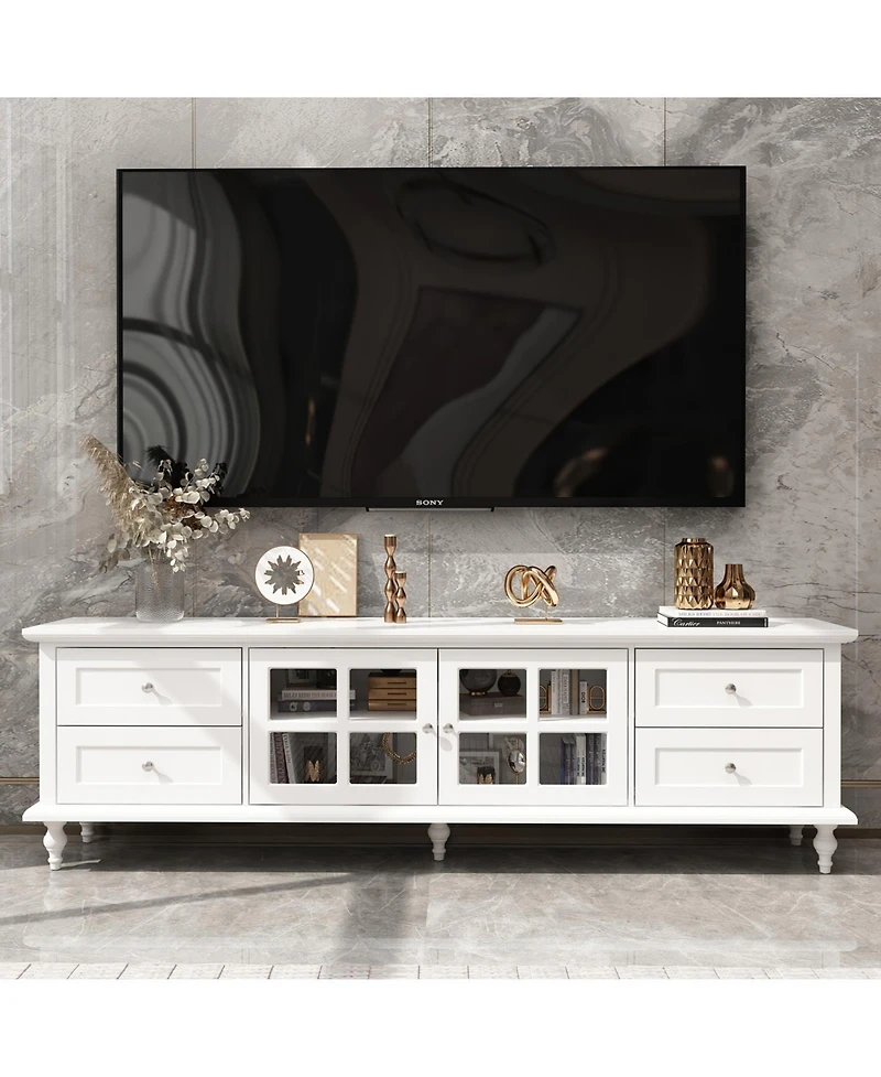 Tv Stand with 2 Glass Doors and 4 Drawers, Media Console , Entertainment Center