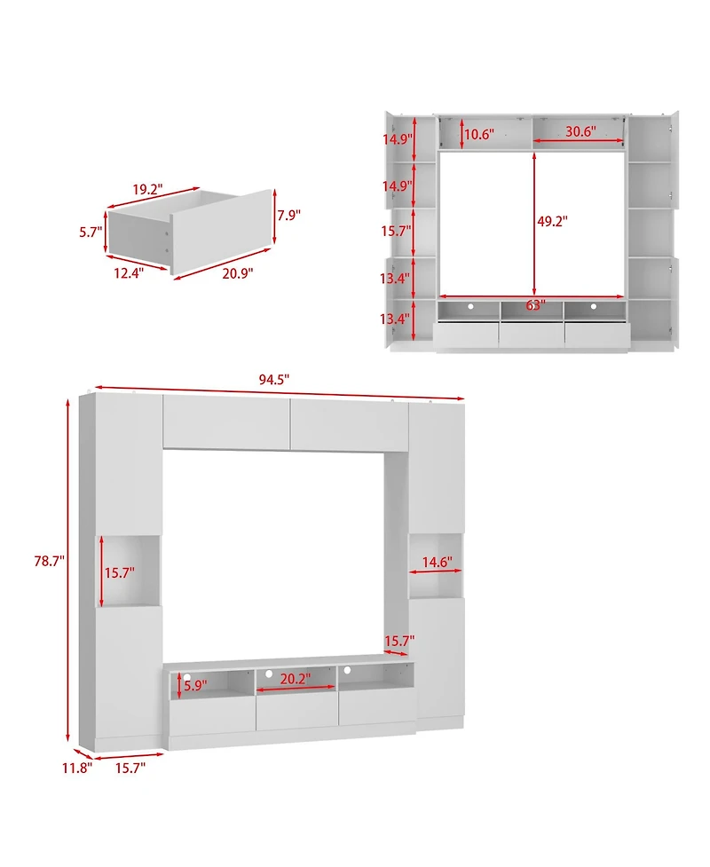 Tv stand with bookshelf and 10 cabinet doors, multi-purpose media console, entertainment center in white wood