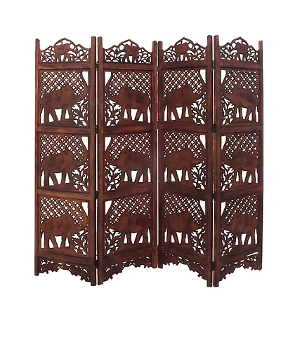 Hand-Carved Elephant Design Foldable 4-Panel Room Divider for Unique Space Separation and Style