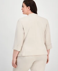 Kasper Plus Zip-Pocket Cuffed 3/4-Sleeve Blazer