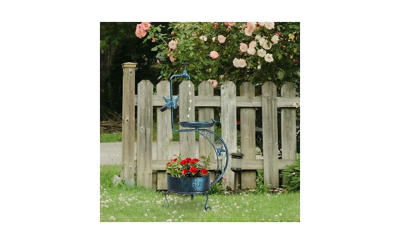 Vintage Metal Garden Bird Bath with Solar Lamp and Flower Planter Pedestal Standing Feeder