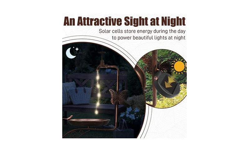 Vintage Metal Garden Bird Bath with Solar Lamp and Flower Planter Pedestal Standing Bird Feeder