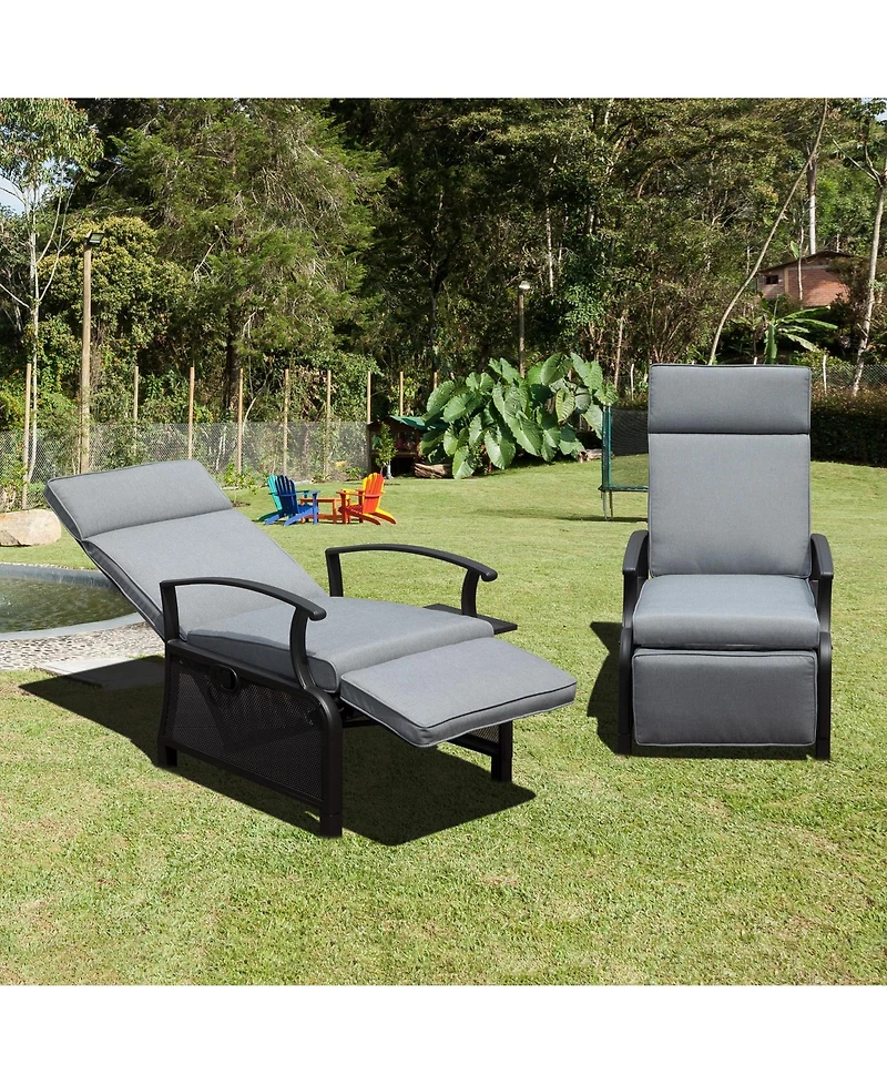 Adjustable Patio Recliner Chair Metal Outdoor Lounge Chair with Flip Table Push Back, Adjustable Angle, 6.8'' Removable Cushions, Beige