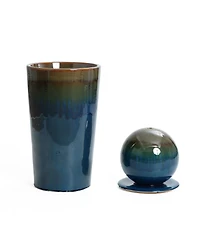 LuxenHome Glazed Blue and Brown Duo-Tone Sphere on Round Pillar Bubbler 30-Inch Tall Ceramic Fountain