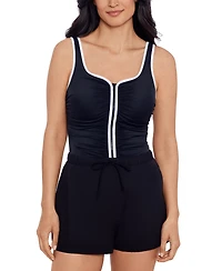 ShapeSolver Sport by Mimi Flamingo Women's Shirred Zipper Jogger One Piece Swimsuit