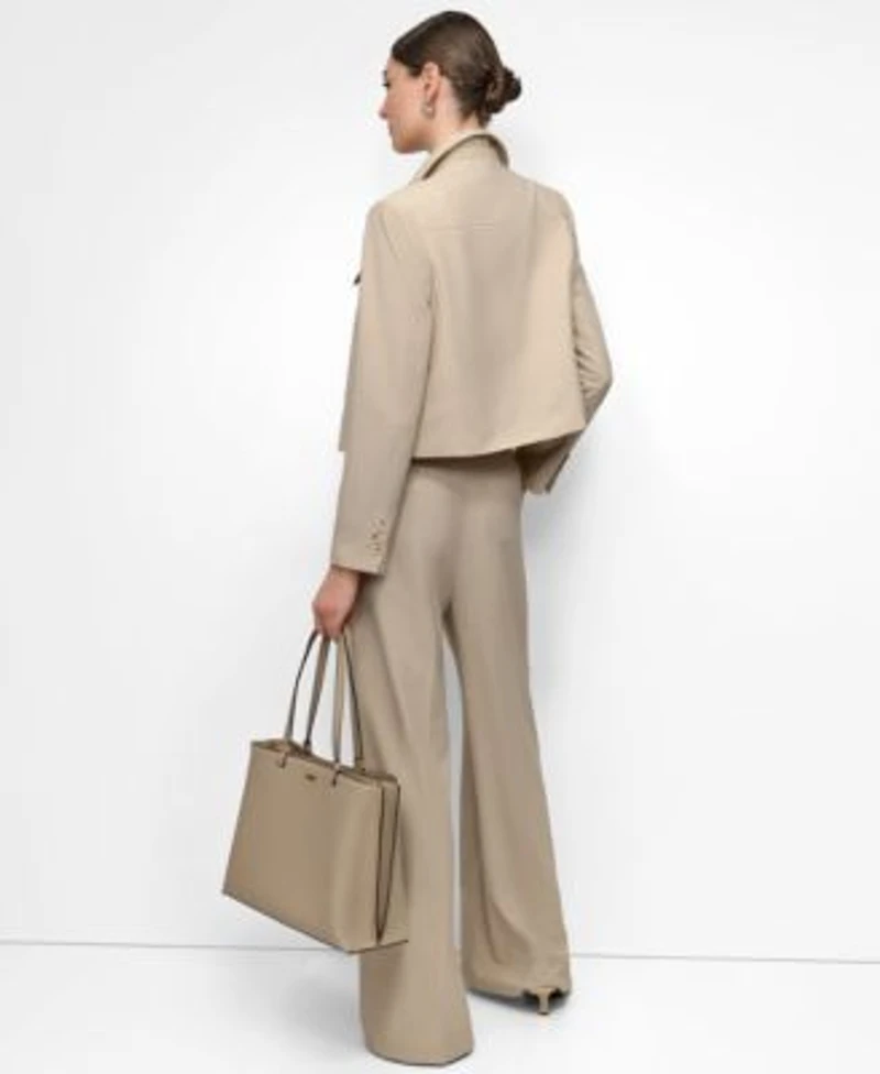 Dkny Womens Seersucker Square Neck Bustier Top Seersucker Button Front Cropped Jacket Seersucker High Rise Wide Leg Pants