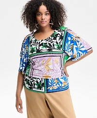 I.n.c. International Concepts Plus Printed Ruched-Shoulder Top, Exclusively at Macy's