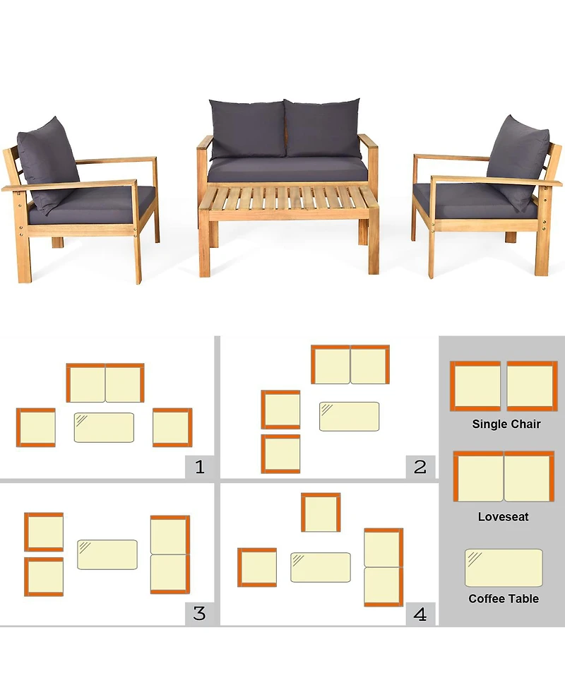 8PCS Patio Furniture Set Acacia Wood Thick Cushion Loveseat Sofa