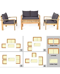 8PCS Patio Furniture Set Acacia Wood Thick Cushion Loveseat Sofa
