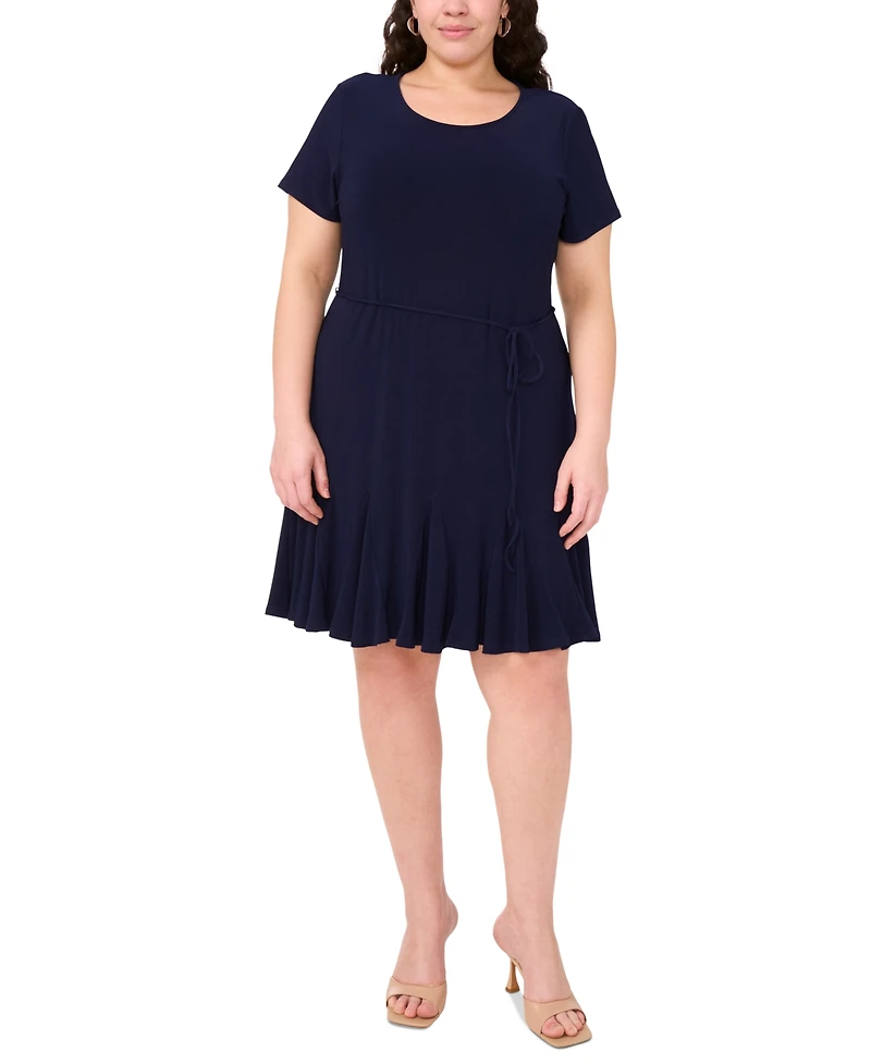 Msk Plus Round-Neck Short-Sleeve Godet-Pleat Dress