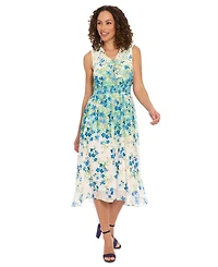 London Times Women's V-Neck Sleeveless Smocked-Waist Dress