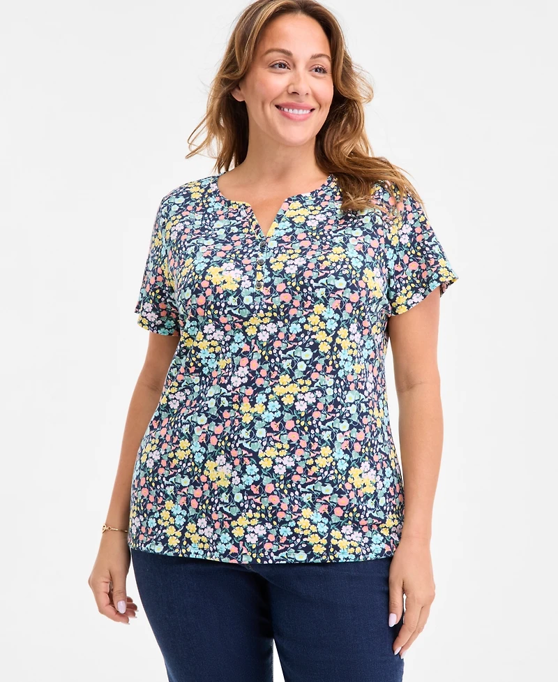 Style & Co Plus Printed Henley Short-Sleeve Top