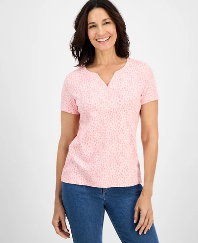Style & Co Women's Printed Short-Sleeve Cotton Henley Top, Exclusively at Macy's