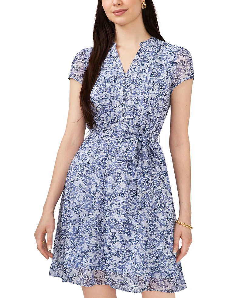Msk Petite Printed Tie-Waist Short-Sleeve Dress