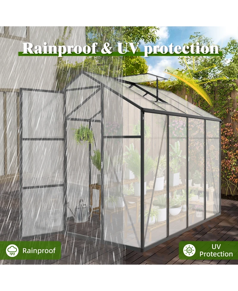 6x8 Ft Aluminum Polycarbonate Greenhouse, Windproof, Heavy Duty