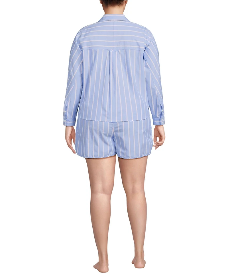 Lands' End Plus Cotton Poplin 2 Piece Pajama Set - Long Sleeve Top and Shorts with Piping