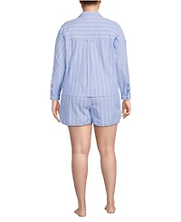 Lands' End Plus Cotton Poplin 2 Piece Pajama Set - Long Sleeve Top and Shorts with Piping