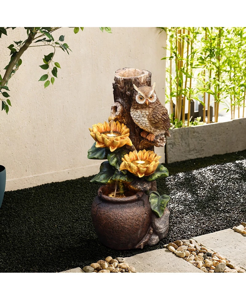 LuxenHome Sunflower and Owl 2.3-Feet Tall Outdoor Polyresin Fountain with Lights