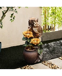 LuxenHome Sunflower and Owl 2.3-Feet Tall Outdoor Polyresin Fountain with Lights