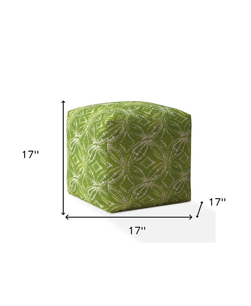 17" Green and White Cotton Damask Pouf Ottoman
