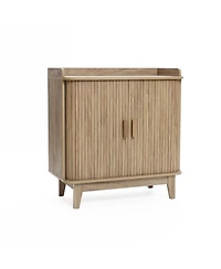 LuxenHome Mid-Century Modern Tambour-Style 2-Door 31.5-Inch Wide Cabinet with Tray Top, Oak