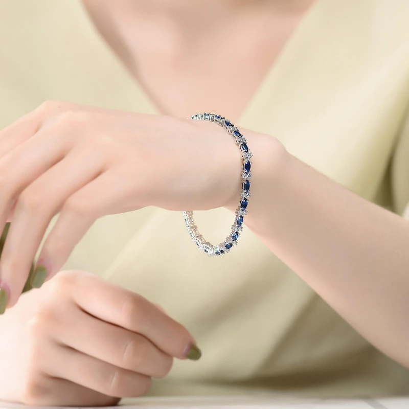 Sterling Silver White Gold Plated Colored Marquise Cubic Zirconia Tennis Bracelet