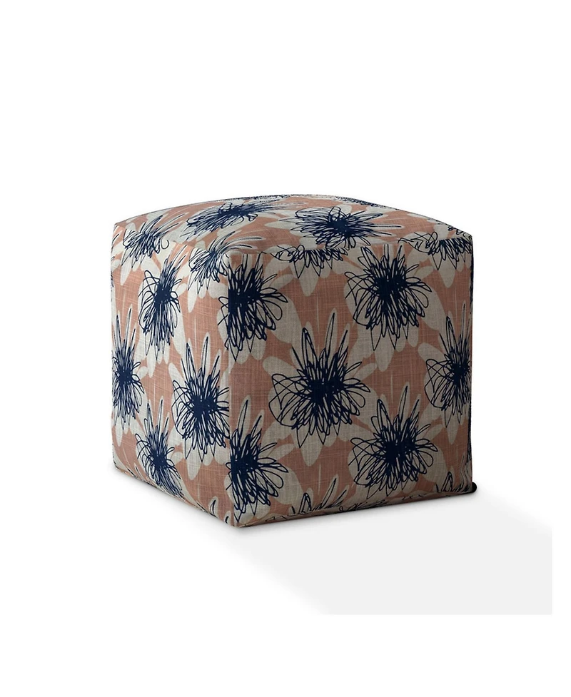 17" Pink and Blue Canvas Floral Pouf Ottoman