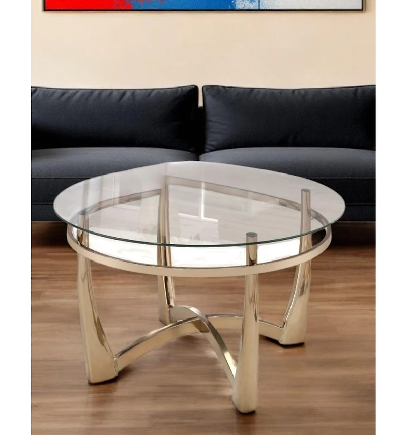 Modern Round Coffee Table – Metal Frame with Glass Surface