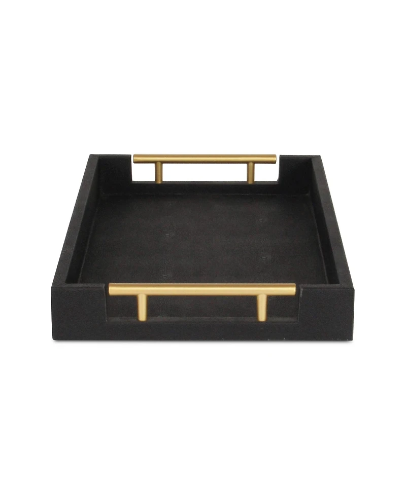 Wood and Vinyl Faux Shagreen Serving Tray with Handles for Dining and Decor
