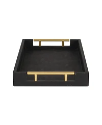 Wood and Vinyl Faux Shagreen Serving Tray with Handles for Dining and Decor