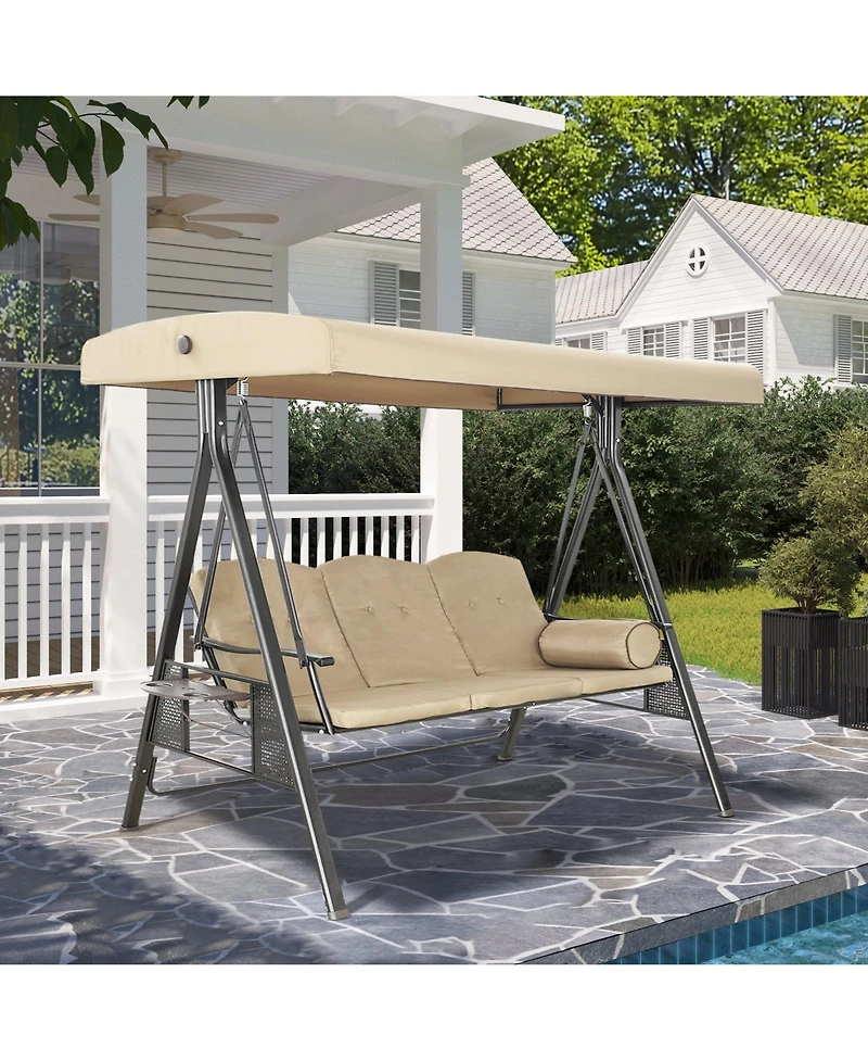 Steel 3 Person Patio Swing Chair Swinging Outdoor with Removable Mat, Cushion and Convertible Canopy, Navy Blue