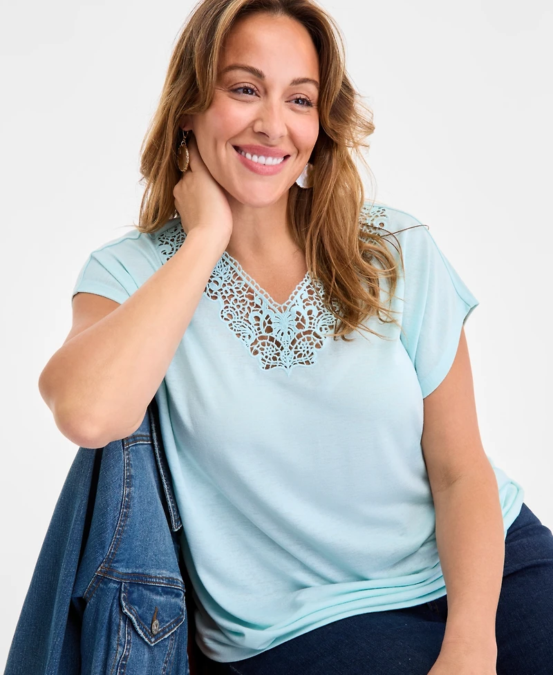 Style & Co Plus Lace-Trim-v-Neck Short-Sleeve T-Shirt, Exclusively at Macy's